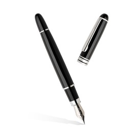 Wunderschöner schwarzer Füllfederhalter mit Chrom-Silber, schwarze Tintenpatrone, eleganter Kugelschreiber mit Geschenkbox, professionell, Büro, Geschenkidee für Sie und Ihn, 47490E