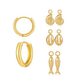 MYCUTEY Gold Hoop Earrings With Charms Set For Women Small Huggie Hoop With Interchangable Conch Shell Fish Charms Summer Beach Mix and Match Earring Pack