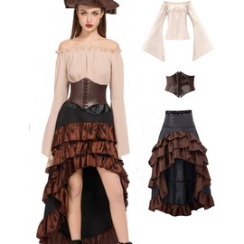 Women's Pirate Costumes Dress Renaissance Top Pirate Skirt with Corset Belt Beige S