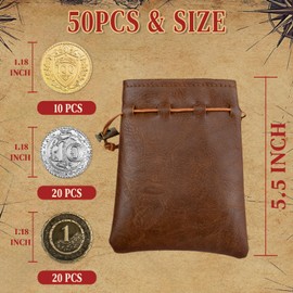 Byhoo 50 PCS Metal DND Coins, 1.2" Gold Silver Copper Tokens with Face Value for Board Game and Tabletop RPG, Fantasy Metal Coins for Pirate Game Party Cosplay