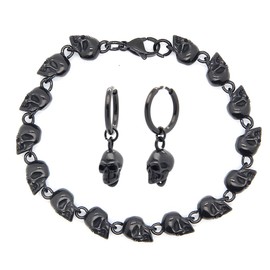 VikingSoul Stainless Steel Skull Bead Linked Strand Bracelet for Men, Gothic Punk Rock Biker Skull Jewelry Gift with skull earring as gift (Black, 21cm)