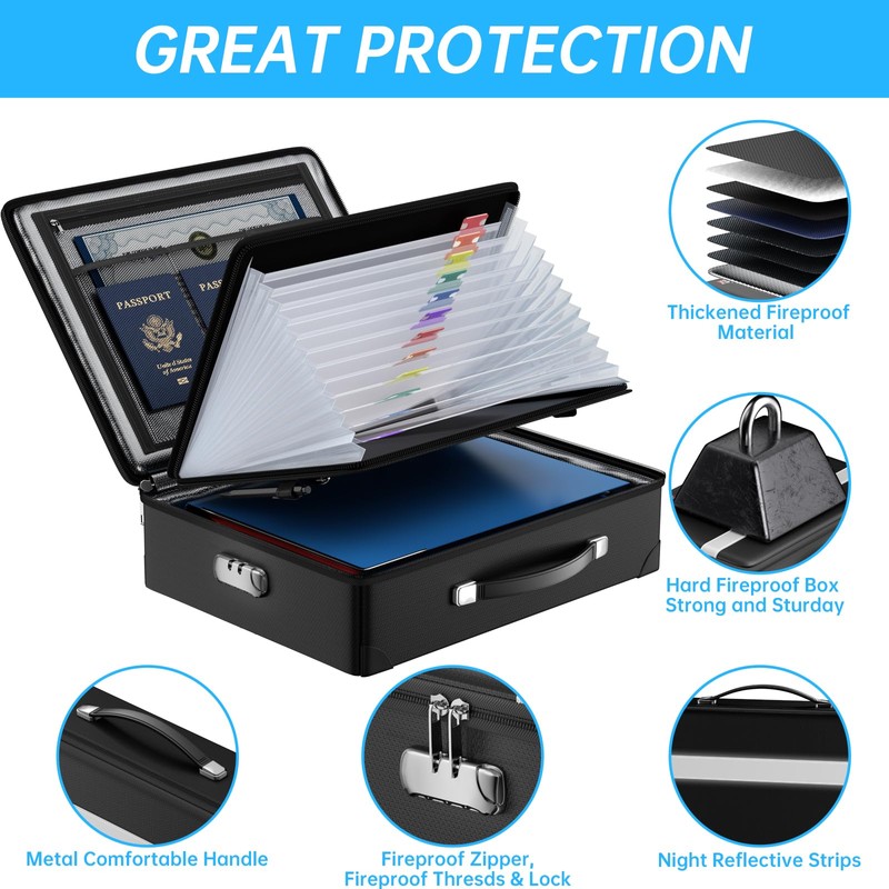 JHSafer Fireproof Document Box with lock, File Organizer with Fireproof