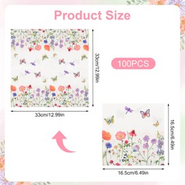Servietten Blumen, 100 Stück Papierservietten mit Blumen, Blumenwiese Servietten Schmetterlinge Servietten Blumenmuster Tisch Dekorationen für Frühling Garten Hochzeit Party