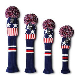 濃い色明るい色のゴルフのニットヘッドカバー 、4枚セット 、ドライバー、フェアウェイウッドとハイブリッドut (Blue Star and Stripe)