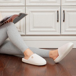 LongBay Women's Corduroy Slippers Cozy Memory Foam Slip On House Shose Indoor Outdoor White, 5-6