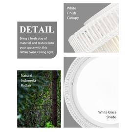 Rattan Ceiling Light Fixture, HWH 16'' Boho Flush Mount Ceiling Light 24W LED Close to Ceiling Lighting with Remote Control, 5CCT Hand-Woven Twine Coastal Lighting, 5HYS78MF-LED WH