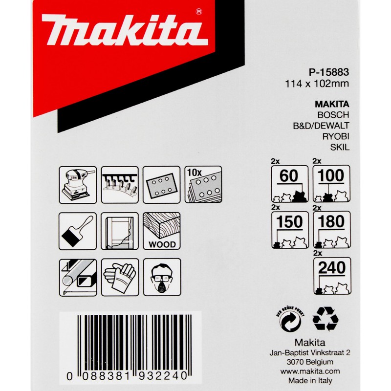 Makita P-15883 Sandpaper Set 102 x 114 mm Velcro 10