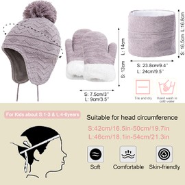 CheChury Winter Hat Scarf and Gloves Set Unisex Kids Winter Warm Cable Knitted Earflap Beanie Hat with Pompom Fleece Lined Mittens Outdoor Activity for Boys and Girls for 1-6 Years Old Kids