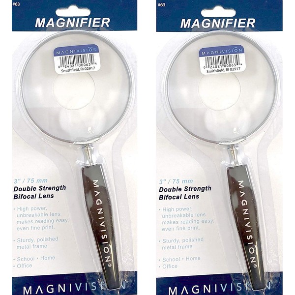 Magnivision Magnifier Double Strength Bifocal Lens 3 inch Sturdy Metal Handheld Magnifying Glass (Pack of 2)