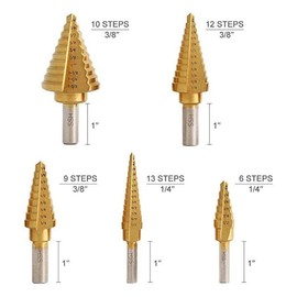 HSS Titanium Step Drill Bits with Automotive Center Punch, 50 Sizes High Speed Steel Step Bit Set for Sheet Metal with Aluminum Case (5PCS Step Drill + 1PC Center Punch)