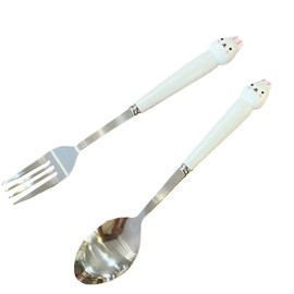 Lindo juego de vajilla de animales, mango de cerámica, tenedor de postre de acero inoxidable, cuchara de café, cuchara de helado (conejo blanco)