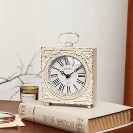 NIKKY HOME Small Table Clock with Handle, Silent Non-Ticking Shelf Desk Top Clock Battery Operated Vintage Rustic Design, Chic Home Decor for Fireplace Mantel, Desktop, Countertop, Distressed White