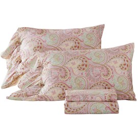 ABREEZE Pink Boho Bed Sheet Set, Extra Soft 100% Cotton Sheet Set, Vintage Flower Paisley Printed Bed Sheet Set, Floral Sheet and Pillowcase 4-Piece King Size