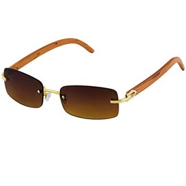 FLAWLESS EYEWEAR Slim Rimless Rectangular Sunglasses with Metal Wood Print Frame Luxe Dean (Rose Gold & Light Brown Wood)