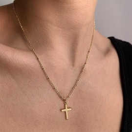Enautoabs Minimalist Gold Cross Necklace Faith Cross Pendant Necklace Gold Satellite Necklace Polished Cross Chain Necklace Religious Cross Choker Necklace Jewellery for Women, Zinc, No Gemstone