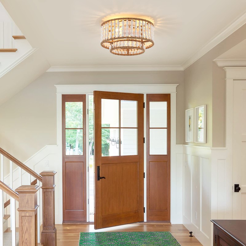 VANZARLA Boho Flush Mount Light Fixture Farmhouse, 3-Light Rustic Hallway