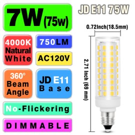 JDE11 Led Bulbs 120V 75W Halogen Candelabra Bulbs Equivalent Dimmable,T3 T4 Mini Base JD E11 Bulb, 4000K Natural White 7W 750 lm E11 Bulb for Chandeliers,Candelabra,Ceiling Fan,Cabinet Lighting,2Pack