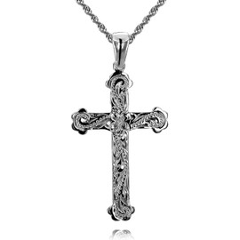 Leilani Hawaiian Jewelry Cross Plumeria & Scroll Engraved Pendant Necklace, Silver 925