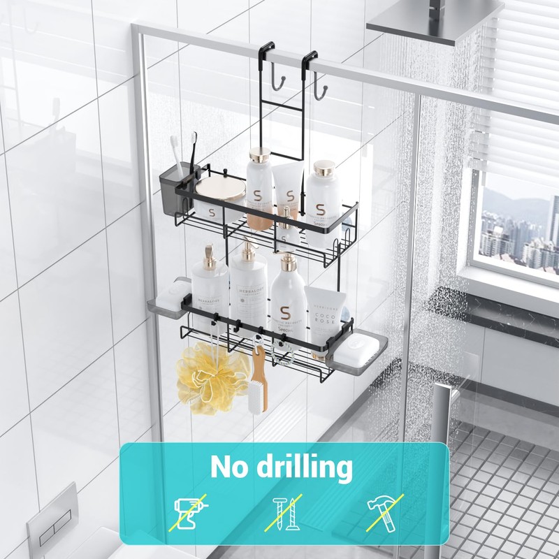 Aitatty Over the Door Shower Caddy Hanging: Black Rustproof Shower
