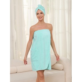 Air Curvey Soft Wrap Towel For Women Lightweight Spa Body Wrap Shower Wrap Robe Adjustable Closure Bathrobe With Pocket Blue L