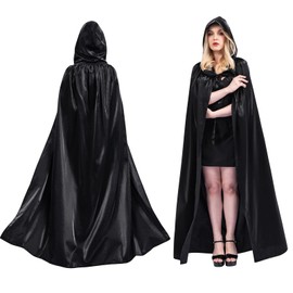 Costume Cape with Hood, Black Cape Medieval Women's Vampire Costume, Cape with Hood Costume Coat Satin for Carnival Fancy Dress Men (Black, XL)