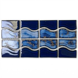 Tenedos Wave Sea Cobalt Blue with Calacatta Gold Porcelain Border Pool Tile 6x12 Mesh – Easy Install for Bathroom Walls, Kitchen Backsplash – 10 Pieces