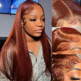 Reddish Brown Lace Front Wigs Human Hair Pre Plucked 13x4 HD Straight Auburn Colored Human Hair Lace Front Wigs Glueless Wigs for Women Lace Full Frontal Human Hair Wigs with Baby Hair 22 inch