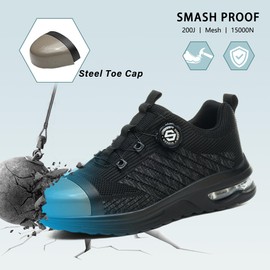 Ayqyc Safety Shoes Men Women Work Shoes Lightweight Breathable Non-Slip Steel Toe Cap Shoes with Swivel Buckles Laces, black, 44 EU