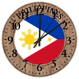 10 Inch Silent Non-Ticking Wall Clocks Battery Operated Philippines Wooden Wall Decor for Kids Room City Flag Souvenir Rustic Round Wooden Wall Clock Country for Pool Entryway