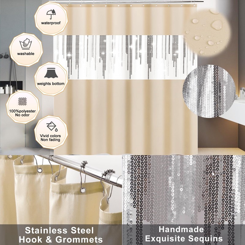 Beige Bathroom Accessories Set with Glitter Shower Curtain and Rugs,Bathroom