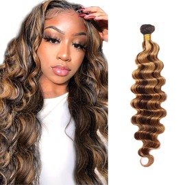 Highlight Human Hair Bundle Blonde Deep Wave Bundle Human Hair Weave Mixed Length 1 Bundle 22 Inch Soft Peruvian Brown and Honey Blonde Bundle Human Hair Extensions