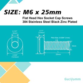 GuoYomm M6 x 25mm 30Pcs Flat Head Hex Socket Cap Screws, 304 Stainless Steel 18-8, Black Zinc Plated, Connection Furniture Bolts, Full Thread