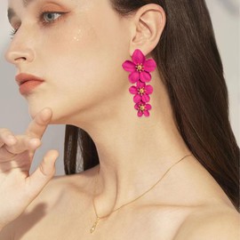 Vavhoo Bohemian Daisy Flower Matte Floral Petal Drop Dangle Earrings 3 Layered Tiered for Women Chic Boho Wedding Jewelry (Hot Pink)