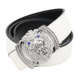 QHA Mens Womens Lion Diamond Designer Leather Belt Silver White 36"-40"