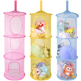 Hanging Mesh Stuffed Animal Storage - 3 Tiers 3 Pack Large Plush Toys Net Organizer, Foldable Space Saver Bags Plushie Basket Organization Holder for Kids Girl Room Bedroom Playroom Yellow Blue Pink