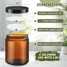 DMuuuDM 8oz Glass Jar - 6 Pack Empty Thick Round Glass jar with Plastic Lids,Refillable Wide Mouth Storage Containers for Spice,Lotion,Body Butter,Salves Ointments,Candle Making (Amber)