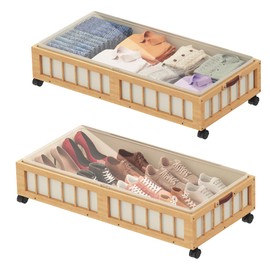 efluky 2-Pack Bamboo Under Bed Storage Containers with Wheels, Under Bed Clothes Storage Basket with Large Dust Bag, Rolling UnderBed Storage for Bedroom, Dorm and Basement, 48L Nature