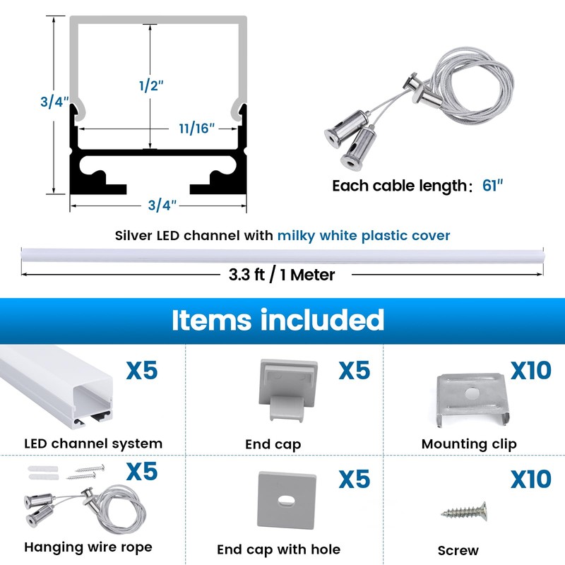 Muzata 5Pack 3.3FT/1M Spotless LED Channel with Hanging Wire No