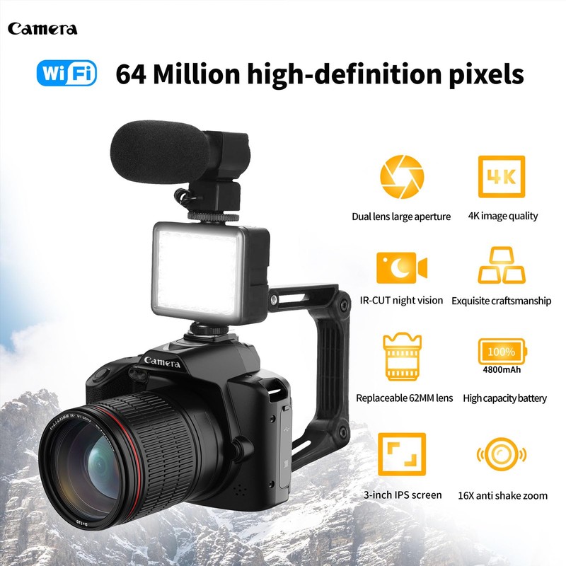 4K 64MP Digital Camera with Fill Light & Mic, WiFi