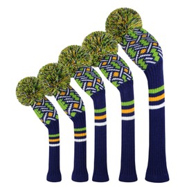 Scott Edward Golf Headcovers 5Pcs for Driver*1 Fairway*2 Hybrid*2,Knitted Elastic Yarn Double Layers Big Pom Protect Golf Club from Scracthes and Dust,Perfect Match Golf Bags (Four Colors Pattern)