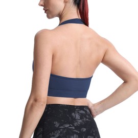 Aoxjox Sostén deportivo de entrenamiento para mujer, sin espalda, acolchado, halter, yoga, playera sin mangas, marino, XX-Small