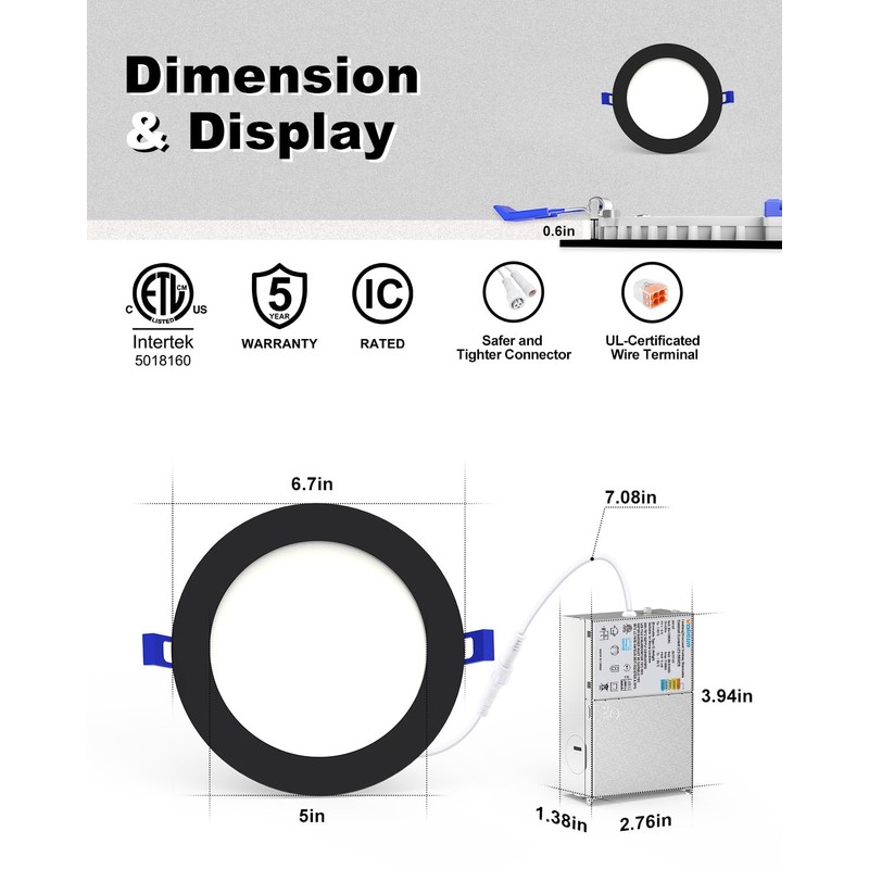 VOLISUN 12 Pack 6 Inch Black Recessed Light with Night