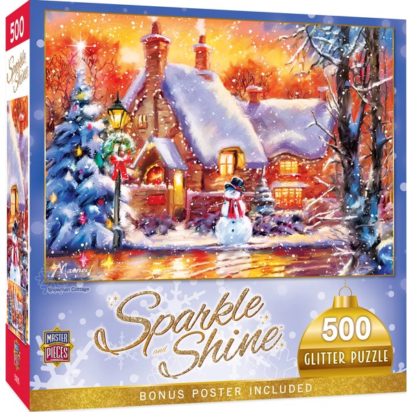 Masterpieces 500 Piece Glitter Christmas Jigsaw Puzzle - Snowman Cottage - 15"x21"