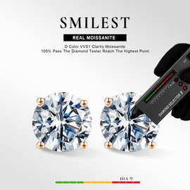 SMILEST 2ct Moissanite Stud Earrings for Women Men, D Color VVS1 Clarity Lab Created Moissanite Earrings Hypoallergenic 14K Rose Gold Vermeil 925 Sterling Silver Round Cut Moissanite Earrings