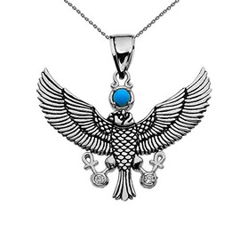 Middle Eastern Jewelry Sterling Silver Cubic Zirconia Falcon of Tutankhamun holding the Ankh Cross Pendant Necklace 16"