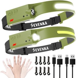 SEVENKA Paquete de 2 Faros Delanteros Recargables, Linterna Frontal Led Brillante, Haz Y Foco de 230° de Ancho, 1000 Lúmenes, Modo Sensor, Lámpara Frontal Liviana de 2.4 Oz con Clips para Casco, Corre