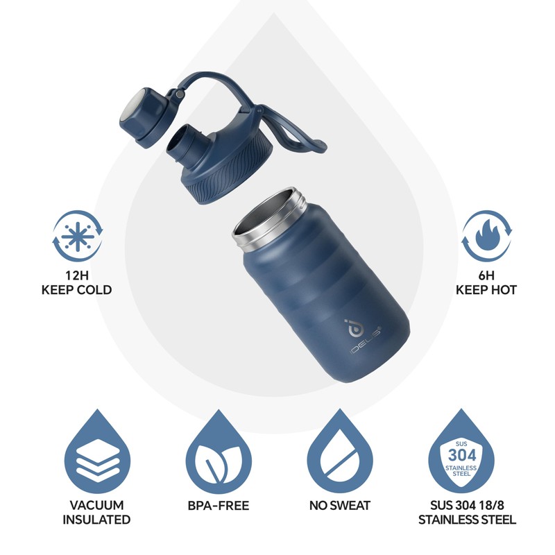 IDEUS Insulated Stainless Steel Water Bottle with 2 Leak-Proof Lids,