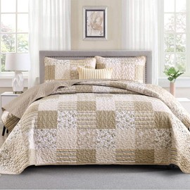 Mybedsoul Beige Boho Quilt Set King Size, 3 Pieces Plaid Floral Bedspread Set Patchwork Reversible Bedding Set Microfiber Bedding Bedspread Coverlet Set for All Season 90"x104"