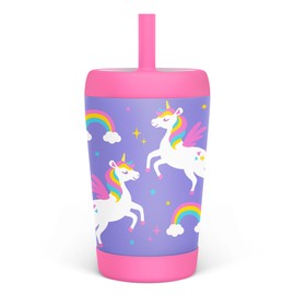 Kid Insulated Stainless Steel Tumbler with Silicone Straw, 12oz Sippy Cup for Kids (Unicorn)