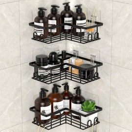 LOOBOV Shower Caddy Corner, 3-Pack Rustproof Shower Shelves, Bathroom Caddy No Drilling, Bathroom Organizers/Storage with Hooks, Black